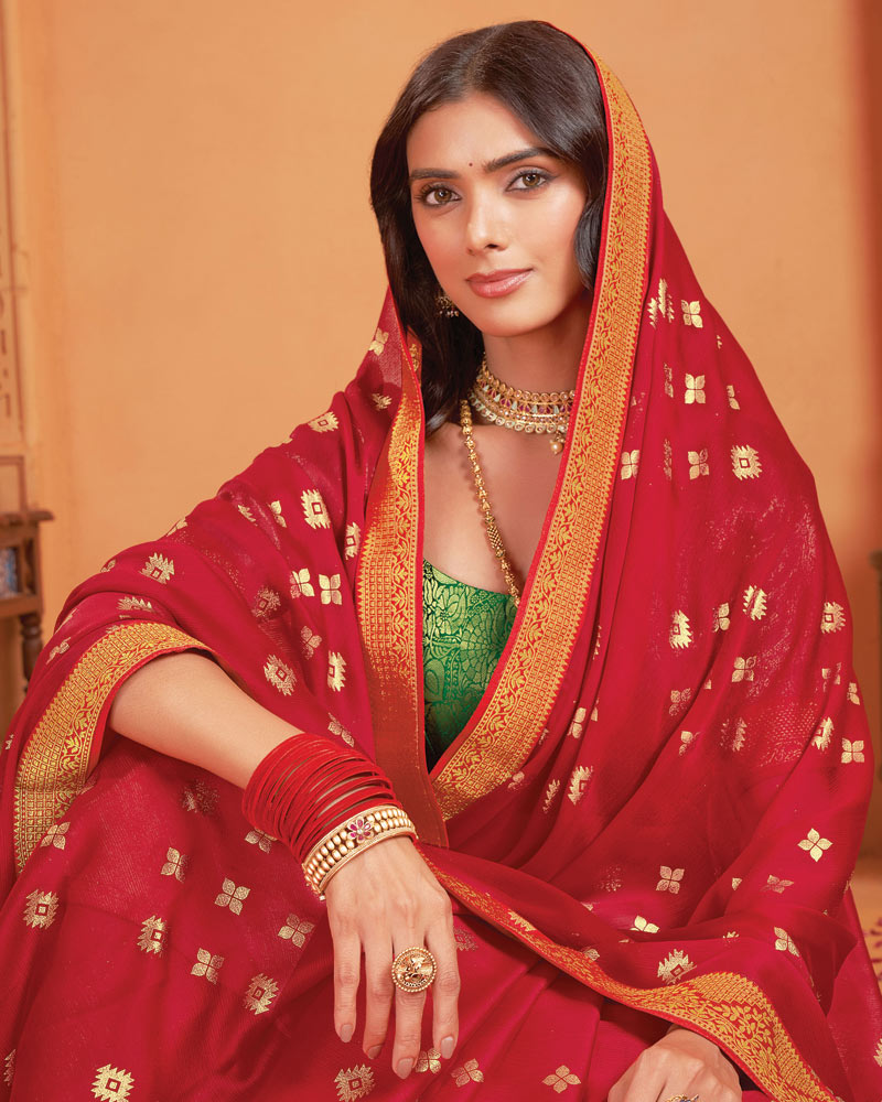 Vishal Prints Lipstick Red Designer Chiffon Saree With Foil Print And Zari Border