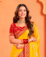 Vishal Prints Golden Yellow Designer Chiffon Saree With Foil Print And Zari Border