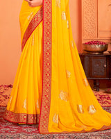 Vishal Prints Golden Yellow Designer Chiffon Saree With Foil Print And Zari Border