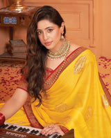 Vishal Prints Golden Yellow Designer Chiffon Saree With Foil Print And Zari Border