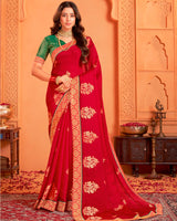 Vishal Prints Cherry Red Designer Chiffon Saree With Foil Print And Zari Border
