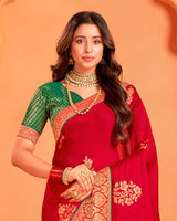 Vishal Prints Cherry Red Designer Chiffon Saree With Foil Print And Zari Border