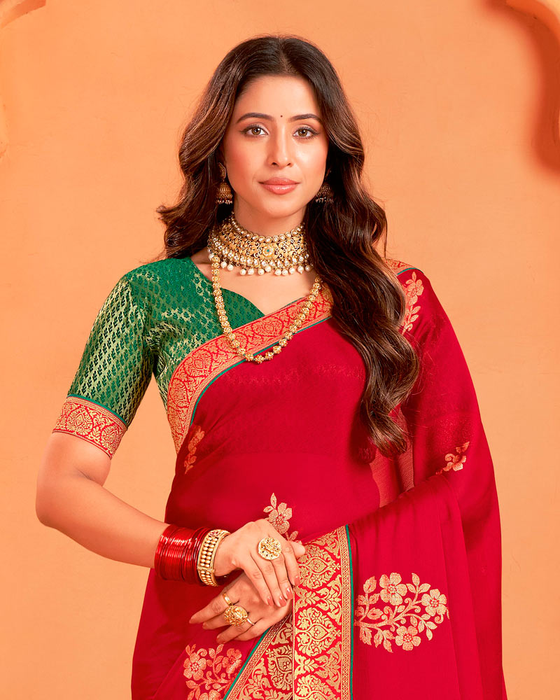 Vishal Prints Cherry Red Designer Chiffon Saree With Foil Print And Zari Border