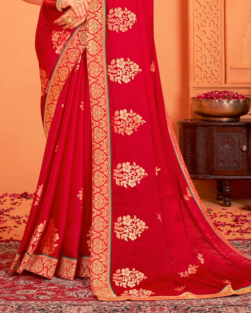 Vishal Prints Cherry Red Designer Chiffon Saree With Foil Print And Zari Border