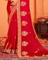 Vishal Prints Cherry Red Designer Chiffon Saree With Foil Print And Zari Border