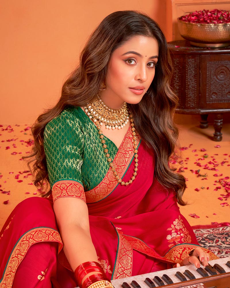 Vishal Prints Cherry Red Designer Chiffon Saree With Foil Print And Zari Border