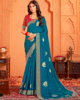 Vishal Prints Peacock Blue Designer Chiffon Saree With Foil Print And Zari Border
