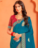 Vishal Prints Peacock Blue Designer Chiffon Saree With Foil Print And Zari Border