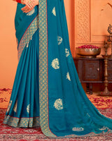 Vishal Prints Peacock Blue Designer Chiffon Saree With Foil Print And Zari Border