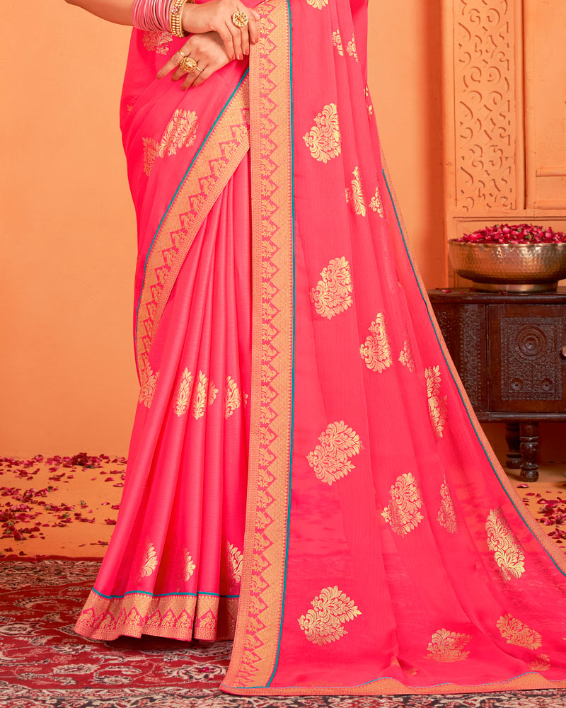 Vishal Prints Rosy Pink Designer Chiffon Saree With Foil Print And Zari Border