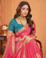 Vishal Prints Rosy Pink Designer Chiffon Saree With Foil Print And Zari Border