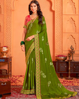 Vishal Prints Dark Mehandi Green Designer Chiffon Saree With Foil Print And Zari Border