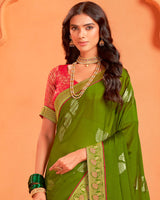 Vishal Prints Dark Mehandi Green Designer Chiffon Saree With Foil Print And Zari Border