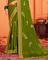 Vishal Prints Dark Mehandi Green Designer Chiffon Saree With Foil Print And Zari Border