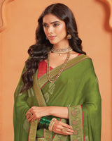Vishal Prints Dark Mehandi Green Designer Chiffon Saree With Foil Print And Zari Border