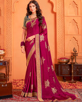 Vishal Prints Wine Berry Designer Chiffon Saree With Foil Print And Zari Border