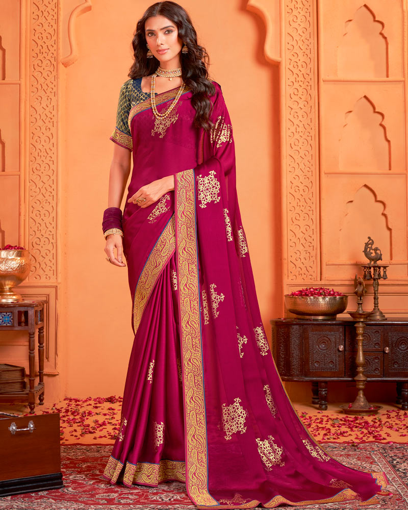 Vishal Prints Wine Berry Designer Chiffon Saree With Foil Print And Zari Border