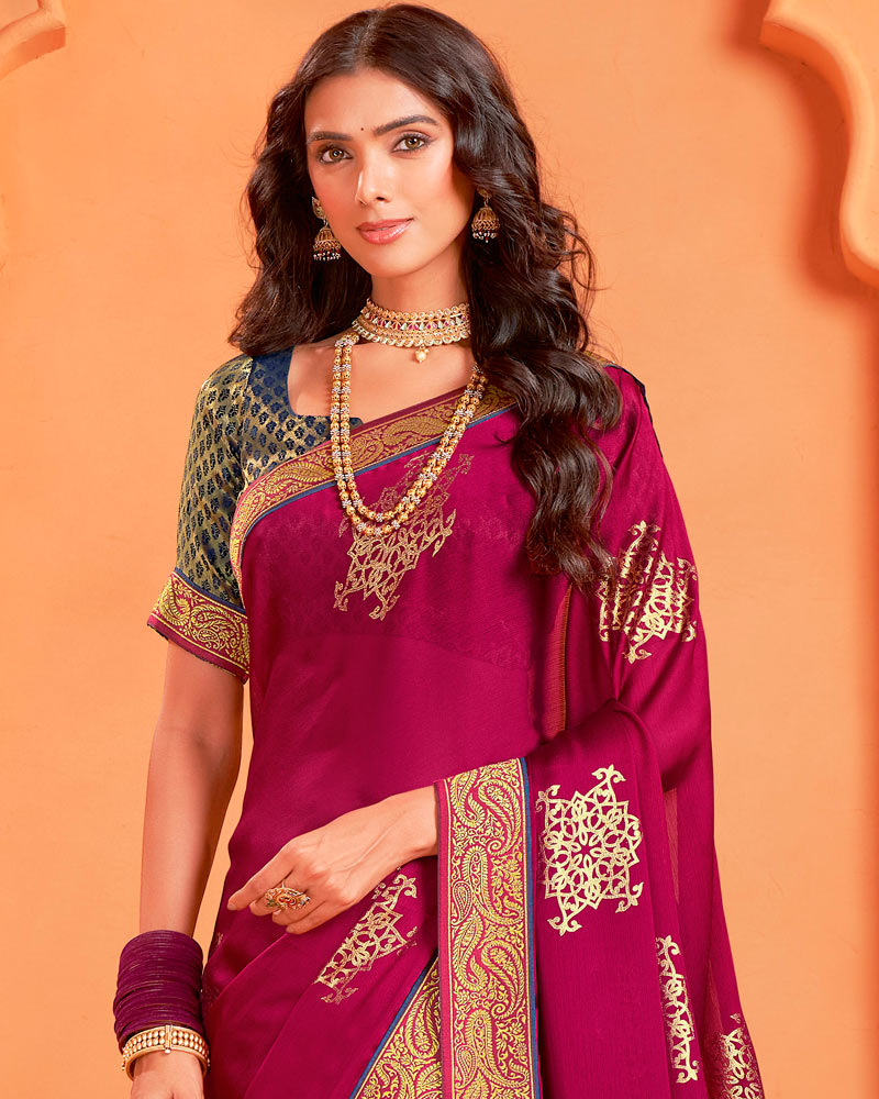 Vishal Prints Wine Berry Designer Chiffon Saree With Foil Print And Zari Border