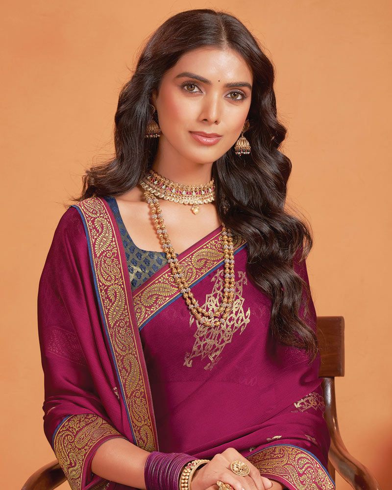 Vishal Prints Wine Berry Designer Chiffon Saree With Foil Print And Zari Border