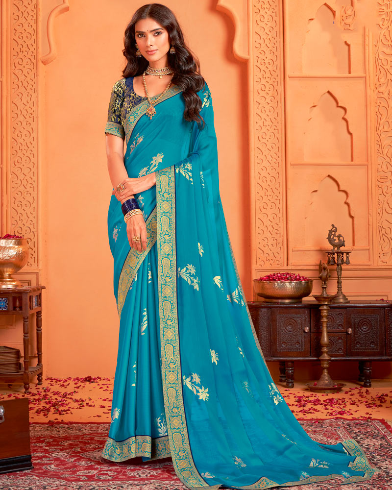 Vishal Prints Bondi Blue Designer Chiffon Saree With Foil Print And Zari Border