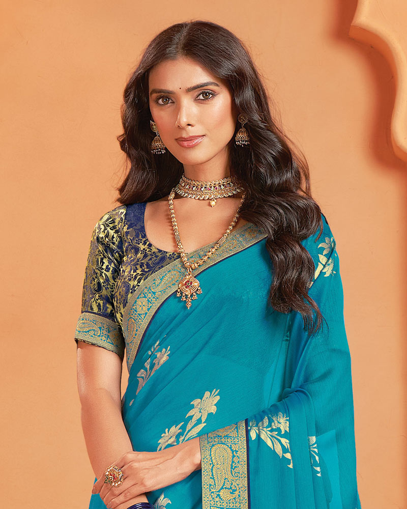 Vishal Prints Bondi Blue Designer Chiffon Saree With Foil Print And Zari Border