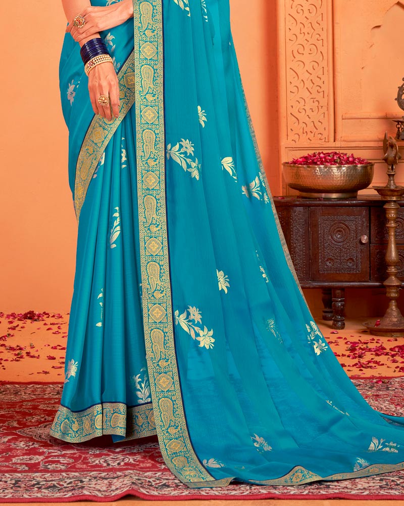 Vishal Prints Bondi Blue Designer Chiffon Saree With Foil Print And Zari Border