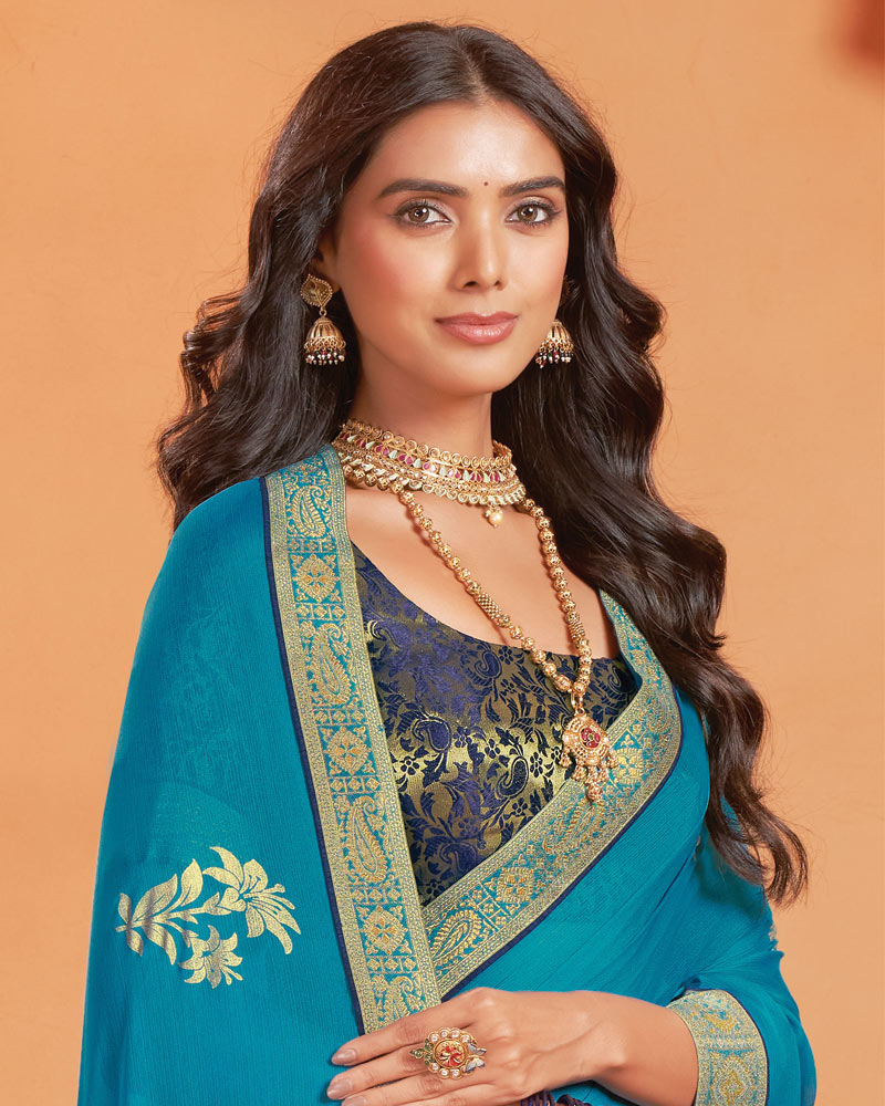 Vishal Prints Bondi Blue Designer Chiffon Saree With Foil Print And Zari Border