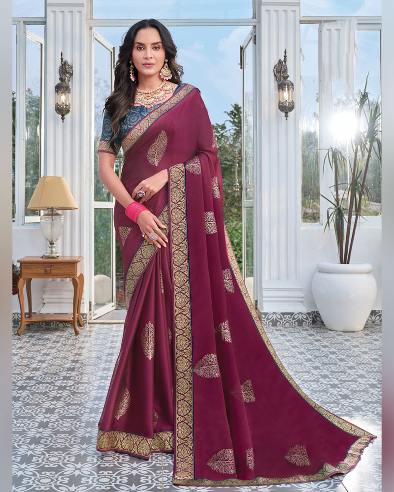 Vishal Prints Wine Chiffon Saree With Foil Print And Zari Border