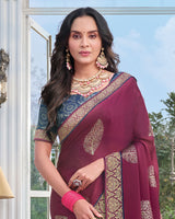 Vishal Prints Wine Chiffon Saree With Foil Print And Zari Border