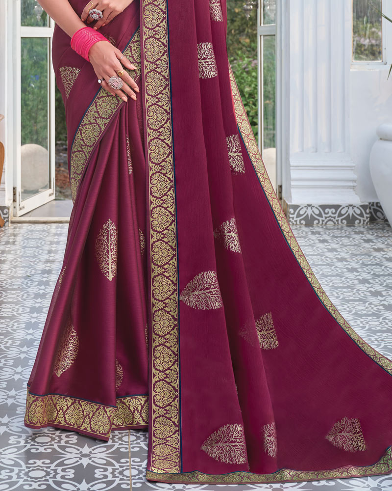 Vishal Prints Wine Chiffon Saree With Foil Print And Zari Border