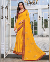 Vishal Prints Yellowish Orange Chiffon Saree With Foil Print And Zari Border