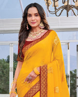 Vishal Prints Yellowish Orange Chiffon Saree With Foil Print And Zari Border