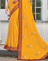Vishal Prints Yellowish Orange Chiffon Saree With Foil Print And Zari Border
