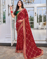 Vishal Prints Paprika Red Chiffon Saree With Foil Print And Zari Border