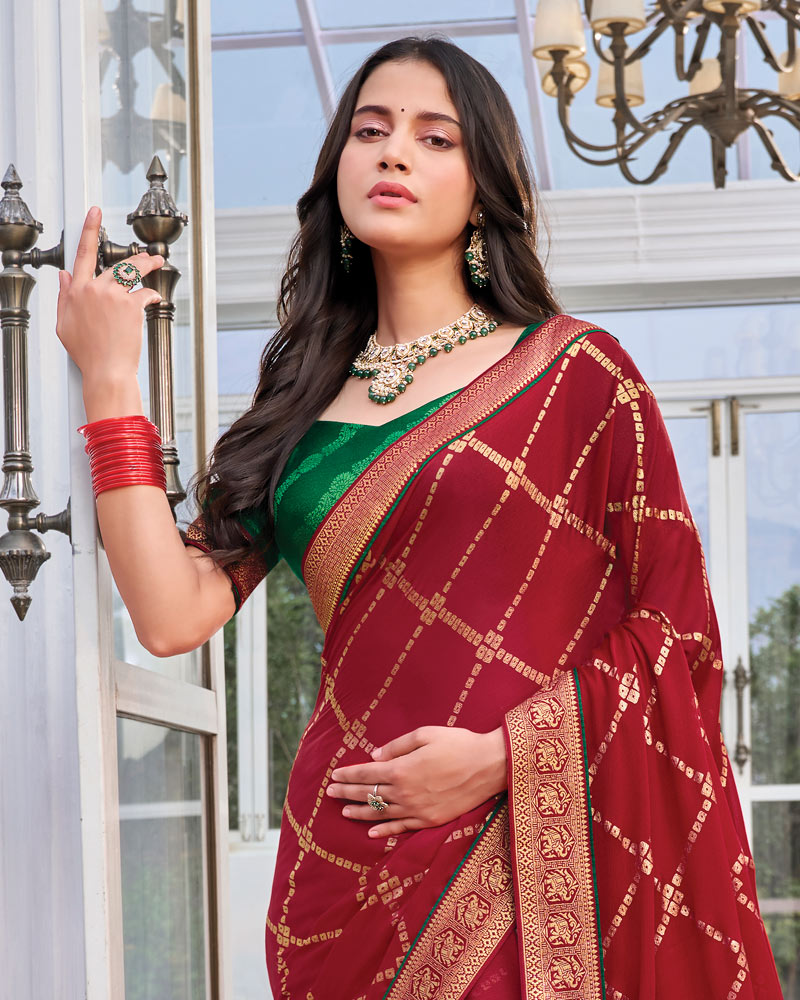 Vishal Prints Paprika Red Chiffon Saree With Foil Print And Zari Border