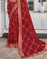 Vishal Prints Paprika Red Chiffon Saree With Foil Print And Zari Border
