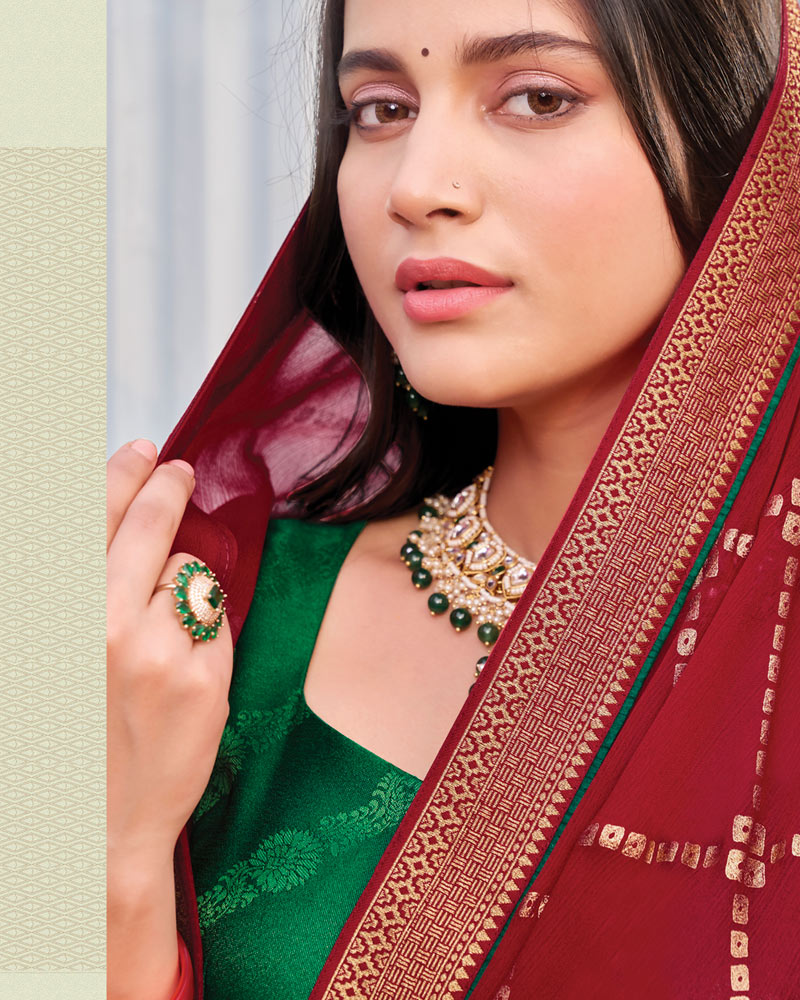 Vishal Prints Paprika Red Chiffon Saree With Foil Print And Zari Border