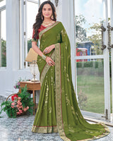 Vishal Prints Mehandi Green Chiffon Saree With Foil Print And Zari Border