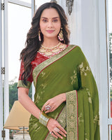 Vishal Prints Mehandi Green Chiffon Saree With Foil Print And Zari Border