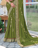 Vishal Prints Mehandi Green Chiffon Saree With Foil Print And Zari Border