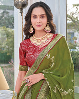 Vishal Prints Mehandi Green Chiffon Saree With Foil Print And Zari Border