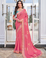 Vishal Prints Light Carmine Pink Chiffon Saree With Foil Print And Zari Border