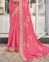 Vishal Prints Light Carmine Pink Chiffon Saree With Foil Print And Zari Border