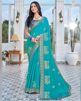 Vishal Prints Pacific Blue Chiffon Saree With Foil Print And Zari Border