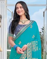 Vishal Prints Pacific Blue Chiffon Saree With Foil Print And Zari Border