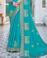 Vishal Prints Pacific Blue Chiffon Saree With Foil Print And Zari Border