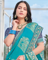Vishal Prints Pacific Blue Chiffon Saree With Foil Print And Zari Border