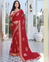 Vishal Prints Venetian Red Chiffon Saree With Foil Print And Zari Border