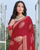 Vishal Prints Venetian Red Chiffon Saree With Foil Print And Zari Border