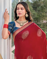 Vishal Prints Venetian Red Chiffon Saree With Foil Print And Zari Border